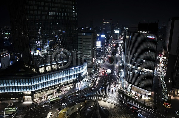 사람없음 JPG 포토 고층빌딩 교차로 나고야 도로 도시풍경 빌딩 야간 야경 야외 일본 자동차 해외풍경