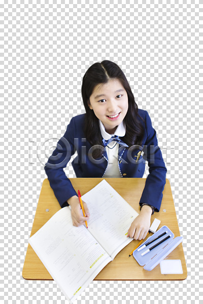 10대 고등학생 십대여자한명만 여자 청소년 한국인 한명 PNG 앞모습 편집이미지 하이앵글 교복 문제집 미소(표정) 상반신 앉기 책상 편집 편집소스 학생