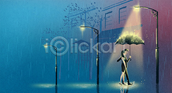 남자 두명 성인 여자 PSD 일러스트 가로등 데이트 비 여름(계절) 우산 커플