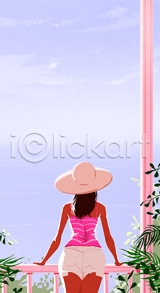 성인 여자 한명 PSD 뒷모습 일러스트 모자(잡화) 바다 발코니 여름(계절)