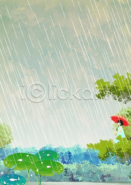 소녀(어린이) 어린이 여자 한명 PSD 일러스트 나무 백그라운드 비 야외 여름(계절) 연잎 우산
