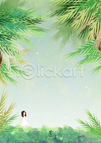 소녀(어린이) 어린이 여자 한명 PSD 일러스트 나뭇잎 백그라운드 숲 야외 여름(계절) 주간