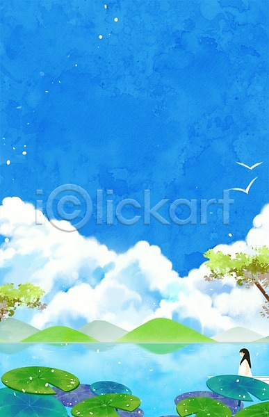 소녀(어린이) 어린이 여자 한명 PSD 일러스트 구름(자연) 백그라운드 산 야외 여름(계절) 연못 연잎 주간