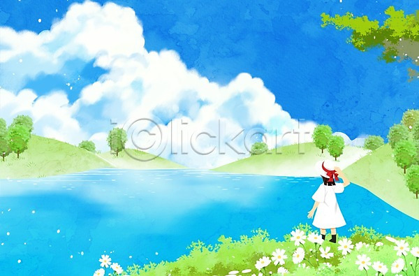 소녀(어린이) 어린이 여자 한명 PSD 일러스트 구름(자연) 꽃 나무 백그라운드 야외 여름(계절) 주간 호수
