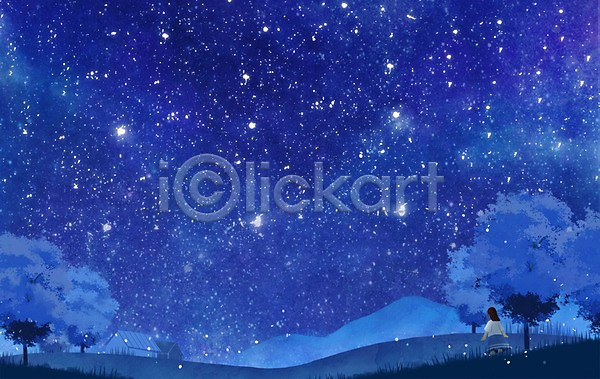 소녀(어린이) 어린이 여자 한명 PSD 일러스트 나무 동산 밤하늘 백그라운드 별 산 야간 야외 여름(계절)