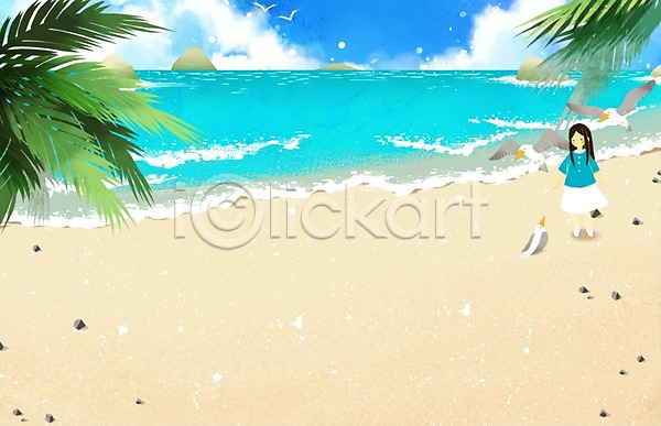 산책 소녀(어린이) 어린이 여자 한명 PSD 일러스트 갈매기 바다 백그라운드 야외 야자수 여름(계절) 주간 트로피컬아트 해변