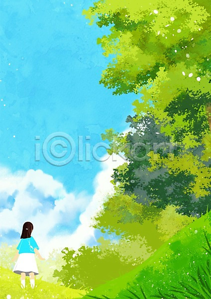 소녀(어린이) 어린이 여자 한명 PSD 일러스트 구름(자연) 백그라운드 숲 야외 여름(계절) 주간