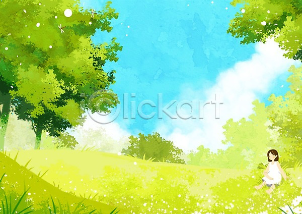 소녀(어린이) 어린이 여자 한명 PSD 일러스트 나무 백그라운드 숲 앉기 야외 여름(계절) 주간