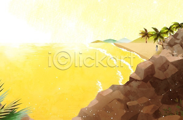 소녀(어린이) 어린이 여자 한명 PSD 일러스트 노을 바위 백그라운드 야외 야자수 여름(계절) 주간 해변