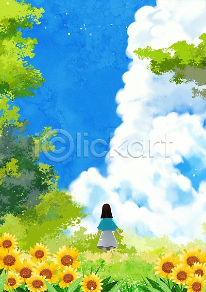 소녀(어린이) 어린이 여자 한명 PSD 뒷모습 일러스트 구름(자연) 백그라운드 숲 야외 여름(계절) 주간 해바라기