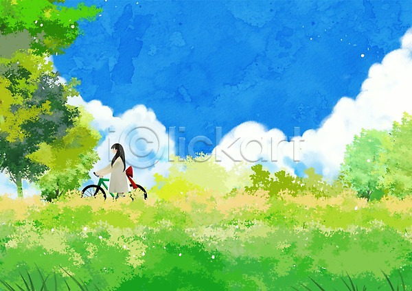 산책 소녀(어린이) 어린이 여자 한명 PSD 일러스트 구름(자연) 나무 백그라운드 야외 여름(계절) 자전거 주간