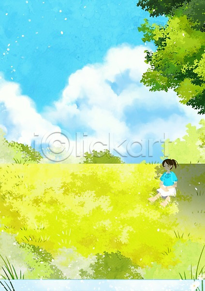 휴식 소녀(어린이) 어린이 여자 한명 PSD 일러스트 구름(자연) 나무 백그라운드 야외 여름(계절) 주간