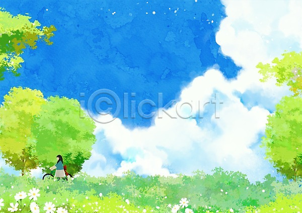 소녀(어린이) 어린이 여자 한명 PSD 일러스트 구름(자연) 나무 백그라운드 야외 여름(계절) 자전거 주간