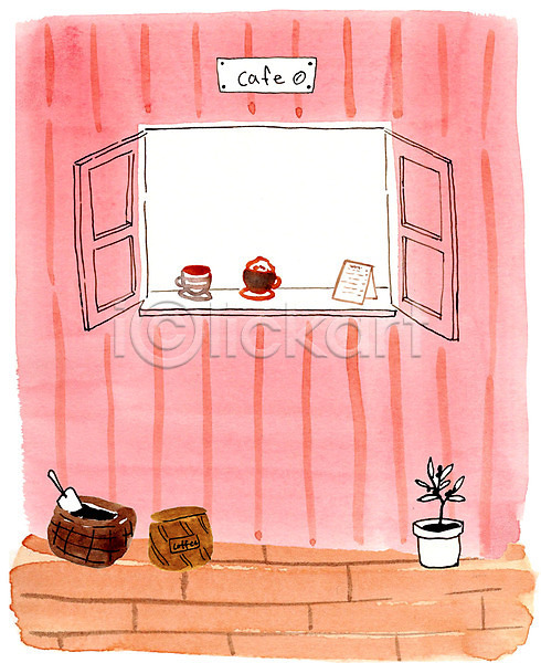 사람없음 PSD 일러스트 창문 카페 커피 커피자루 커피잔 화분