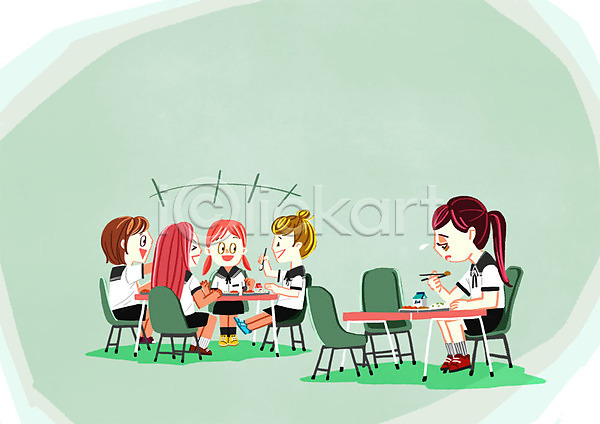 학교폭력 여러명 여자 청소년 PSD 일러스트 교복 도시락 왕따 의자 탁자 학생