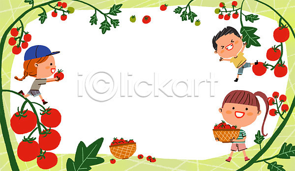 체험학습 남자 세명 어린이 여자 PSD 일러스트 바구니 방울토마토 자연 토마토