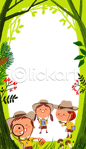 체험학습 남자 세명 어린이 여자 PSD 일러스트 관찰 돋보기 버섯 숲속 자연