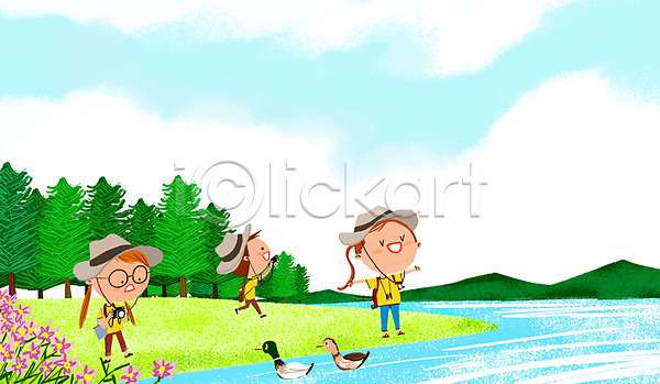 체험학습 남자 세명 어린이 여자 PSD 일러스트 꽃 나무 산 오리 자연 카메라 호수