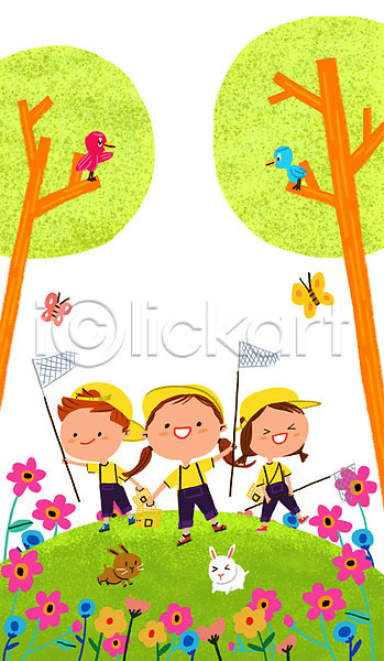 체험학습 남자 세명 어린이 여자 PSD 일러스트 꽃 나무 나비 자연 조류 채집망 초원(자연) 토끼