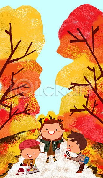체험학습 남자 세명 어린이 여자 PSD 일러스트 가을(계절) 단풍 단풍나무 돋보기 스케치북 은행잎 자연