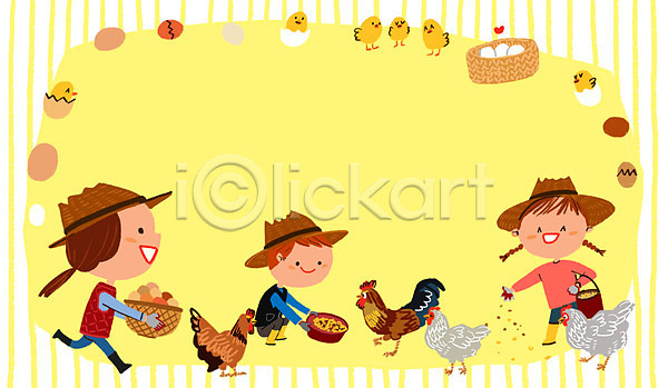 체험학습 남자 세명 어린이 여자 PSD 일러스트 계란 농장체험 닭 밀짚모자 바구니 병아리 자연