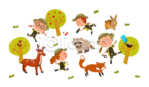 체험학습 남자 어린이 여러명 여자 PSD 일러스트 관찰 나무 너구리 다람쥐 동물 둥지 사슴 숲속 여우 자연 조류 탐험대 토끼