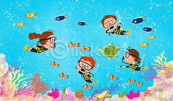 체험학습 남자 어린이 여러명 여자 PSD 일러스트 거북이 바닷속 산호초 스쿠버다이빙 어류 자연 잠수