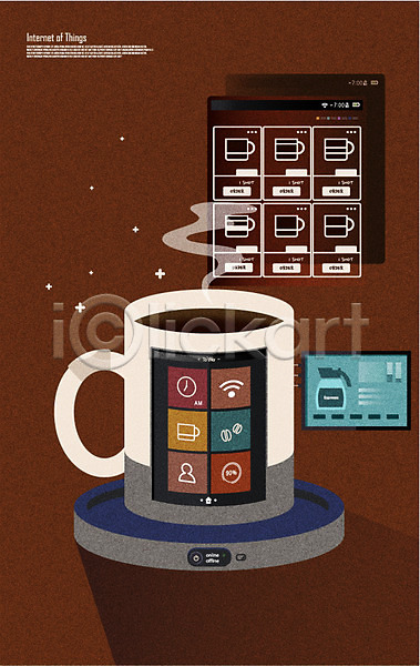 미래 사람없음 AI(파일형식) 일러스트 4차산업 네트워크 머그컵 미래산업 사물인터넷 인터넷 커피 커피잔