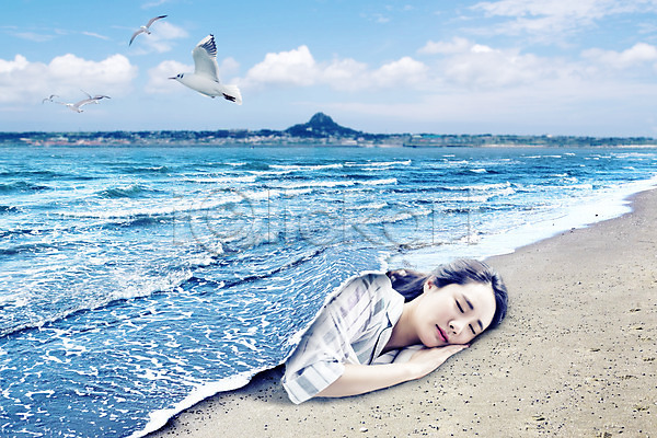 20대 성인 여자 한국인 한명 JPG 디지털합성 편집이미지 갈매기 그래픽 디지털아트 모래사장 바다 뷰티 잠 합성 해변