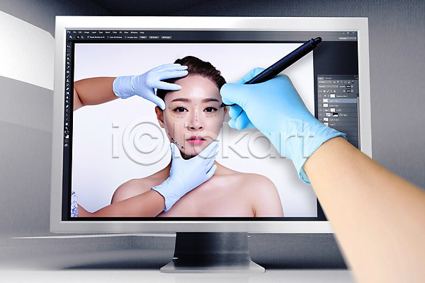 20대 성인 여자 한국인 한명 JPG 디지털합성 편집이미지 그래픽 디지털아트 모니터 뷰티 성형수술 수술장갑 의료성형뷰티 펜 합성