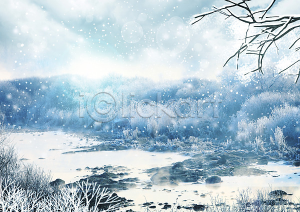 사람없음 PSD 편집이미지 개울 겨울 나뭇가지 눈(날씨) 숲 자연 편집 풍경(경치)