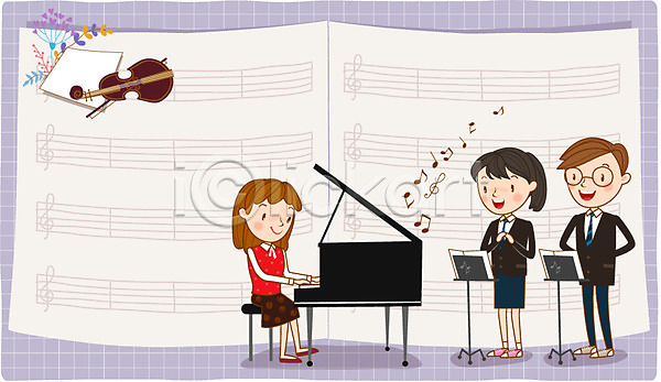남자 성인 세명 여자 청소년 AI(파일형식) 일러스트 건반 교복 교사 노래 바이올린 스쿨라이프 악기 악보 연주 음악교육 프레임 피아노(악기) 학생