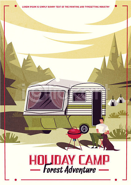 남자 성인 한명 AI(파일형식) 일러스트 강아지 바베큐그릴 반려견 산 일몰 자연 카라반 캠핑 캠핑족 캠핑카 텐트 포스터