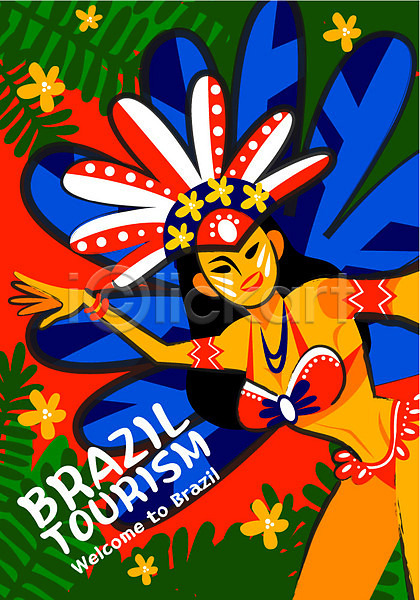 정열 성인 여자 한명 AI(파일형식) 일러스트 꽃잎 리우 브라질 쌈바 야자수 야자수잎 여행 열대 이국적 축제 춤 카니발축제 포스터 풀잎