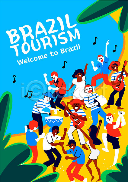 정열 남자 성인 여러명 여자 AI(파일형식) 일러스트 기타 리우 보사노바 북 브라질 야자수잎 여행 여행객 열대 음표 이국적 축제 춤 포스터 해변
