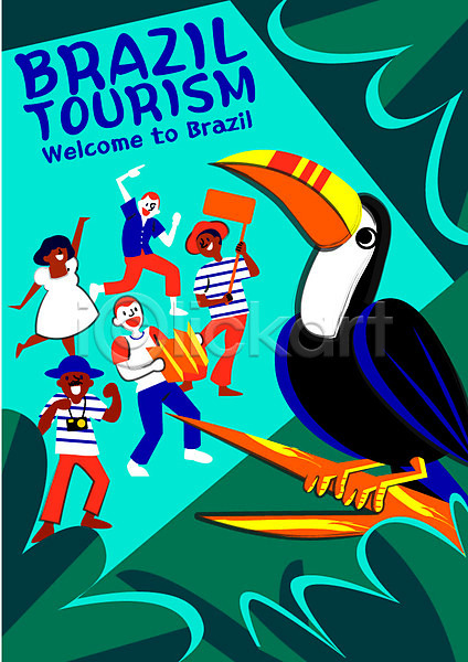 정열 남자 성인 여러명 여자 AI(파일형식) 일러스트 리우 브라질 야자수잎 여행 여행객 열대 이국적 축제 카메라 큰부리새 토코투칸 트로피컬아트 포스터