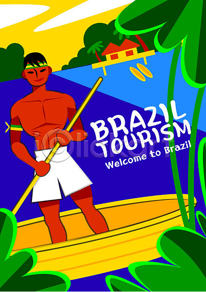 정열 남자 성인 한명 AI(파일형식) 일러스트 강 리우 보트 브라질 수상가옥 아마존 아마존강 야자수 야자수잎 여행 열대 원주민 이국적 축제 포스터