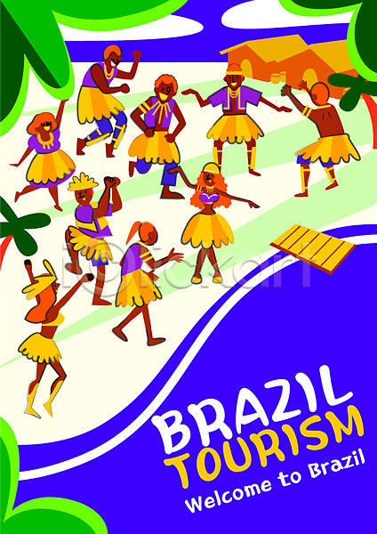 정열 남자 성인 여러명 여자 AI(파일형식) 일러스트 리우 브라질 아마존 아마존강 야자수 야자수잎 여행 열대 원주민 원주민의상 이국적 축제 춤 포스터