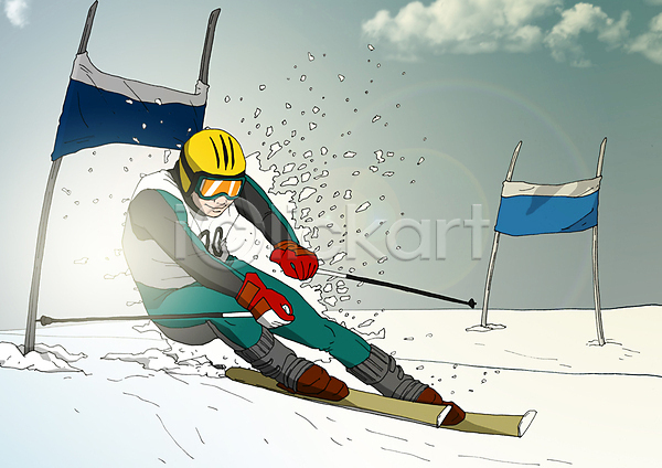 남자 성인 한명 PSD 일러스트 겨울 깃발 눈 동계올림픽 스키 스키복 스키선수 스키용품 스키장비 야외 올림픽 운동선수 주간 폴