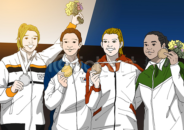 성인 여러명 여자 PSD 일러스트 금메달 꽃다발 동메달 올림픽 운동선수 은메달