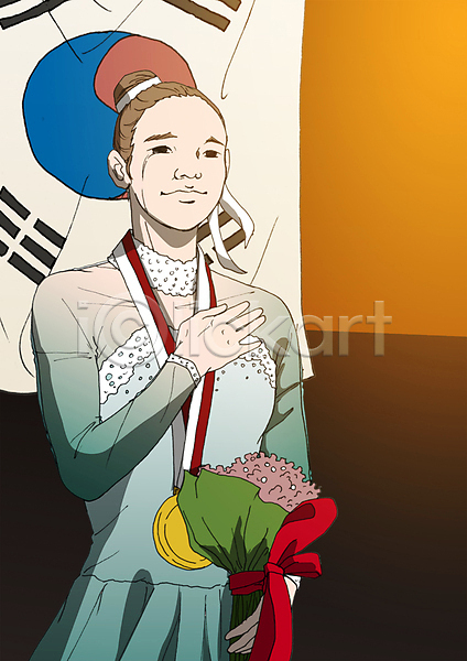 기쁨 성인 여자 한명 PSD 일러스트 국기에대한경례 금메달 꽃다발 눈물 올림픽 우승 운동선수 태극기
