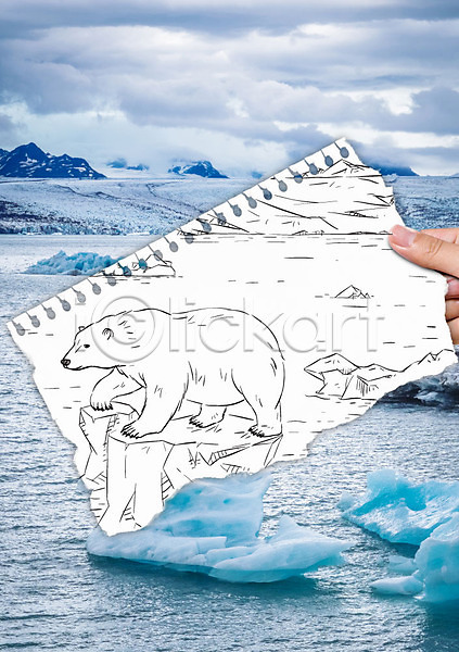 지구온난화 신체부위 AI(파일형식) 포토일러 구름(자연) 바다 북극 북극곰 빙하 손 스케치 스케치북 하늘