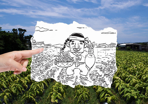 남자 성인 한명 AI(파일형식) 포토일러 구름(자연) 농부 마당쇠 무 바구니 밭 손 수확 스케치 스케치북 유기농 하늘