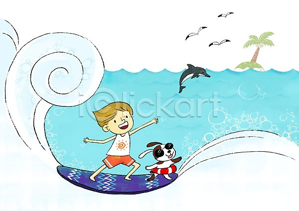즐거움 남자 어린이 한명 PSD 일러스트 갈매기 강아지 돌고래 바다 서핑보드 섬 야자수 여름(계절) 튜브