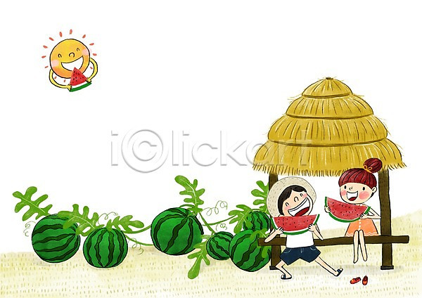 즐거움 남자 두명 어린이 여자 PSD 일러스트 수박 수박밭 여름(계절) 여름음식 오두막 제철과일 제철음식 태양