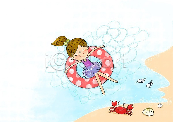 즐거움 어린이 여자 한명 PSD 일러스트 게 물놀이 여름(계절) 조개 튜브 해변