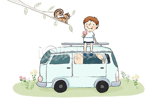 즐거움 남자 어린이 한명 PSD 일러스트 나뭇가지 다람쥐 아이스크림콘 여름(계절) 캠핑카