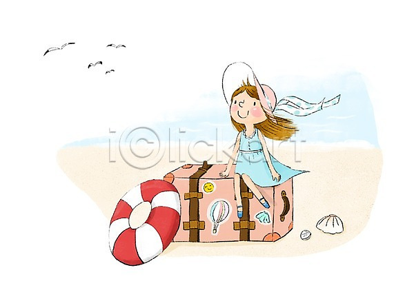 즐거움 어린이 여자 한명 PSD 일러스트 갈매기 모자(잡화) 바다여행 여름(계절) 여행가방 조개 튜브 해변