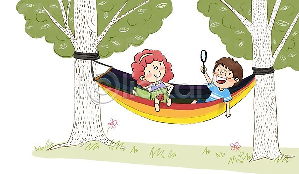 즐거움 남자 두명 어린이 여자 PSD 일러스트 나무 독서 돋보기 여름(계절) 책 해먹