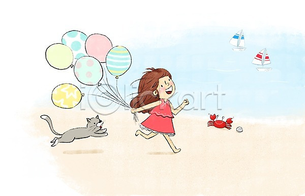 즐거움 어린이 여자 한명 PSD 일러스트 게 고양이 달리기 배 여름(계절) 풍선 해변
